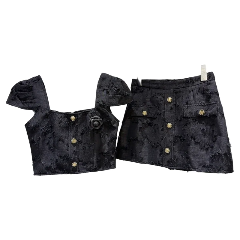 Summer 2026 New Style Small Fragrance Wind Chest Flower Bubble Sleeve Top Vest Skirt Set French Style Short Sleeve round Neck