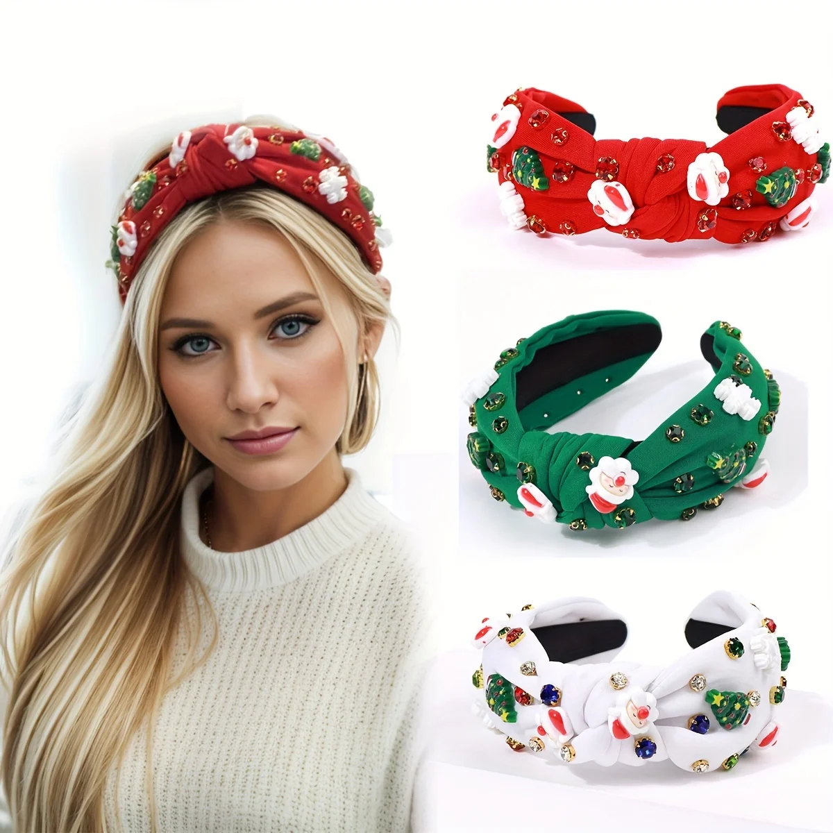 Holiday Christmas Headband - Wide ligature design, sparkling rhinestones, Santa Claus and snowflake pattern