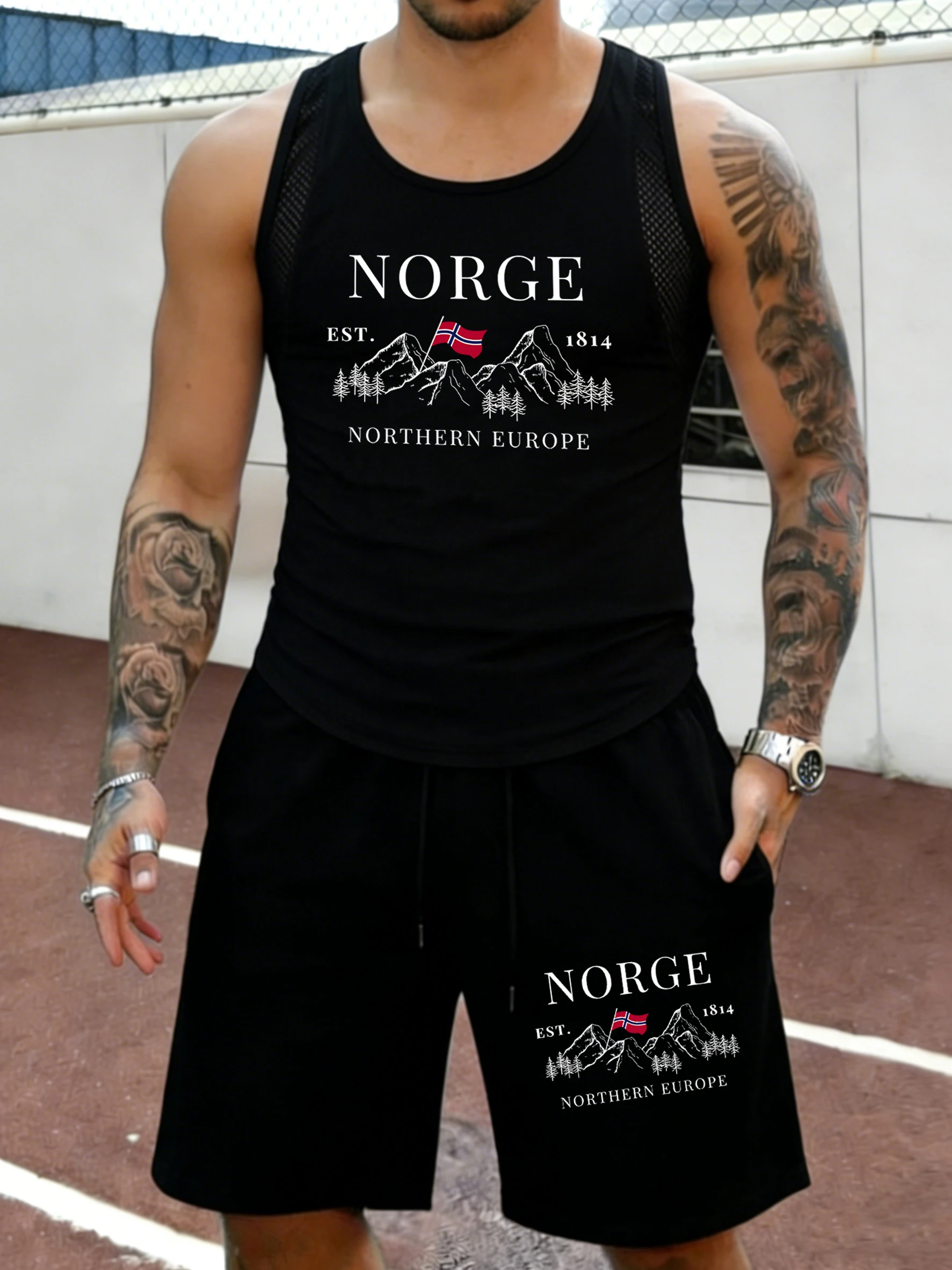 

Norge Northern Europe Printing Male Summer Mesh Loose Short Suits Outdoor Shorts All-Match Street Sportpants Basic Simple Vest