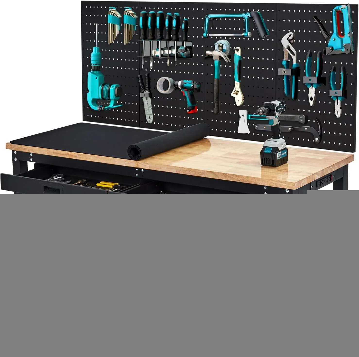 60 Inches Workbench Adjustable Height Work Bench w/ 2Drawers Pegboard Pad 3000LB