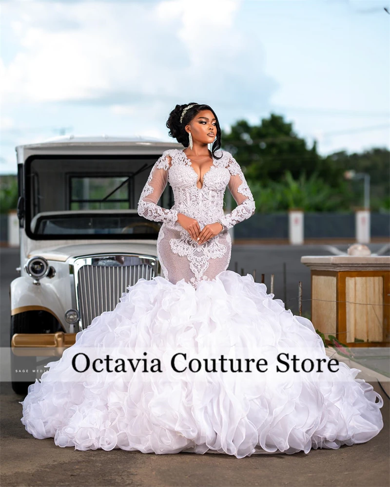 White Lace Wedding Dresses For Bride Sequin Full Sleeve Appliques Prom Dress Long Ruffles Black Girls Evening Gowns Customized