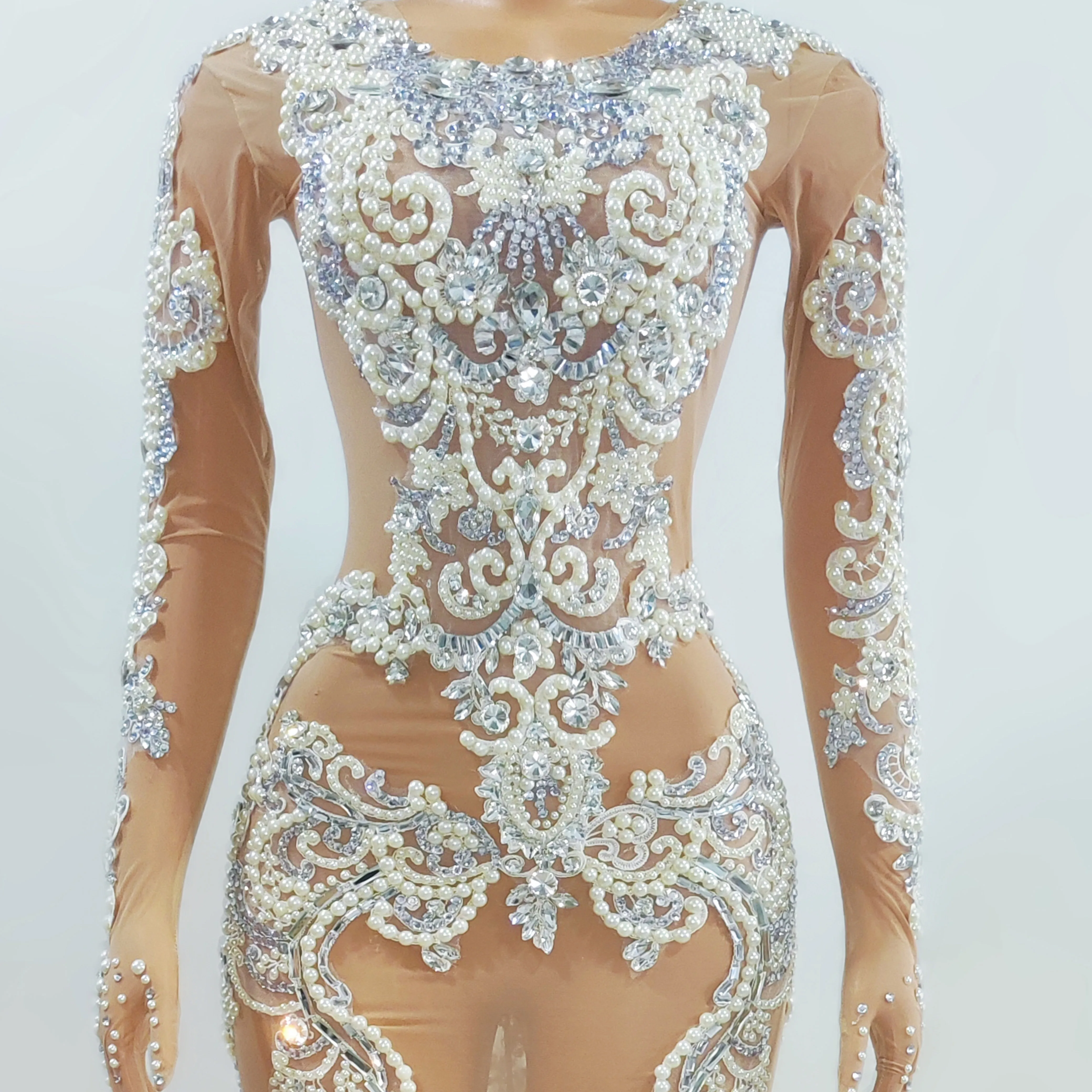 2025 เซ็กซี่ Rhinestones Slim Dress ชุดราตรีนักร้อง Performance Stage สวมใส่ลาก Queen เครื่องแต่งกายไข่มุกชุด yj010