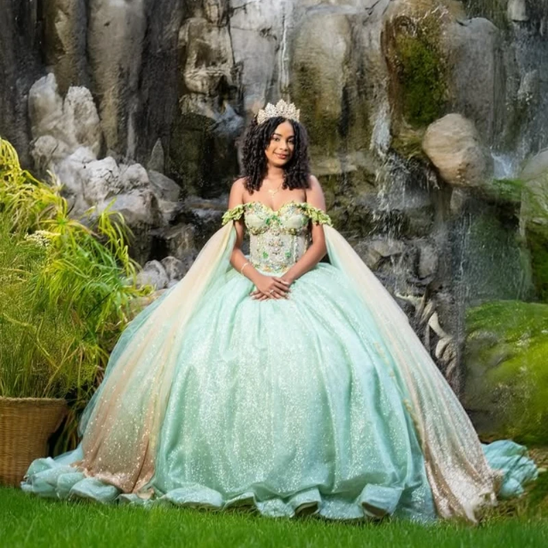 

Customized Shiny mint green Quinceanera Dresses Off the Shoulder Sequin crystal applique Lace Long tail Vestido 15 Quinceanera