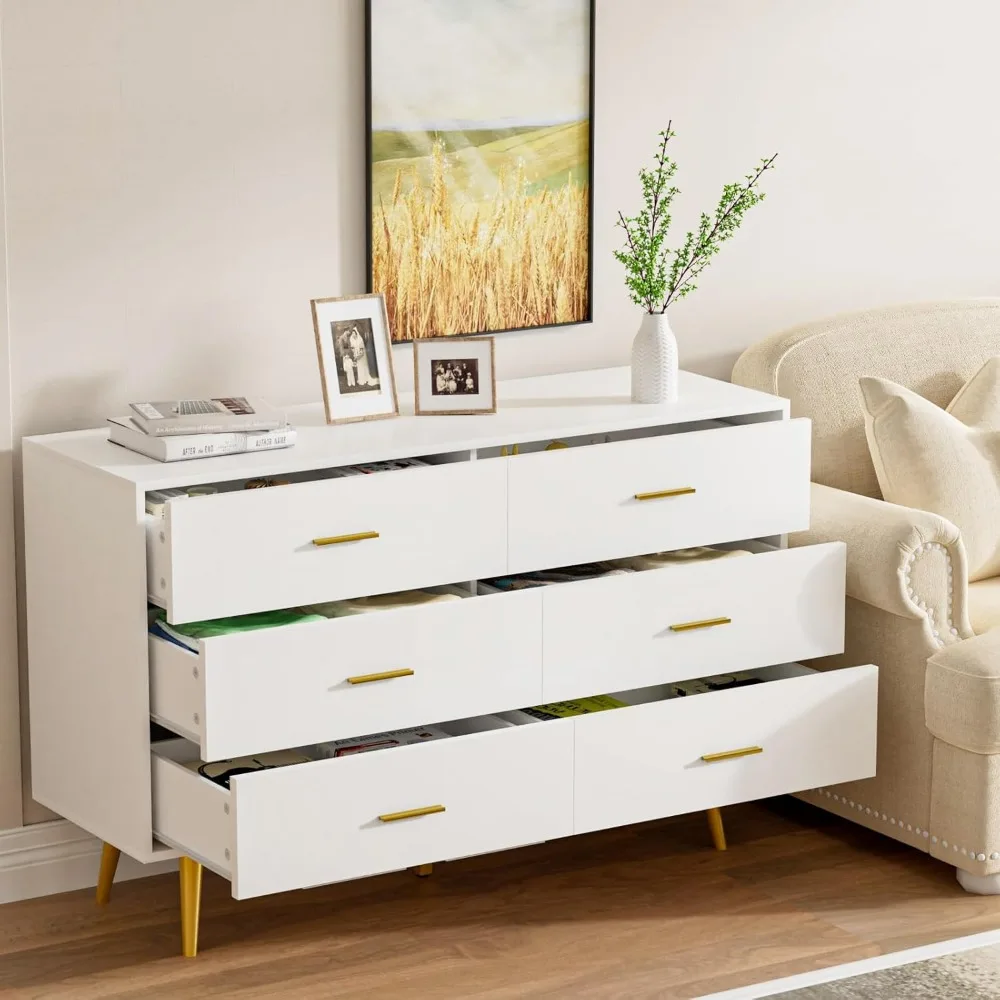 Cômoda branca CARPETNAL para quarto, cômoda com 6 gavetas com gavetas largas e puxadores de metal dourado, cômodas de madeira e cômoda de corredor