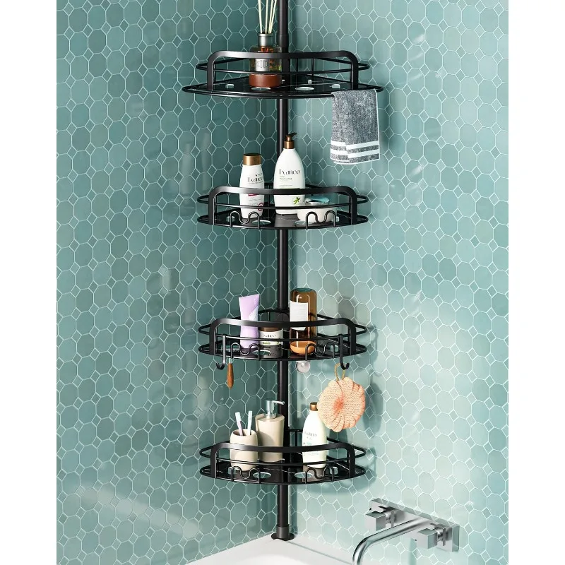 Shower Caddy Tension Pole, Corner Rod 4 Adjustable Shelves Standing for Bathroom Organizers Storage, Black