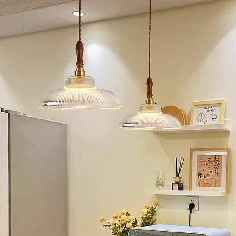 Wood Glass Pendant Lights for Kitchen Restaurant Hotel Decoration Bedroom Island Loft Retro Ceiling Chandeliers Hanging Lamp