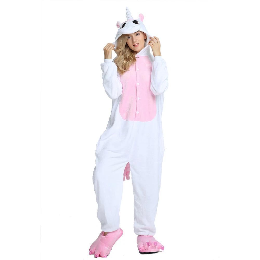 Pink and White Cartoon Animal Warm Hooded Pajamas Women Kigurumi Unicorn Cosplay Costume One-piece Sleepwear Adults Loungewear