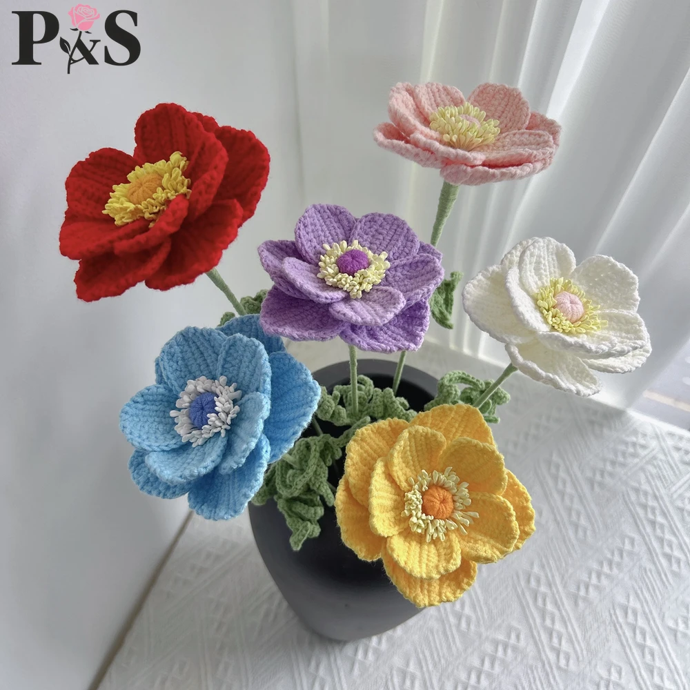 Anemone Crochet Flower Handmade Pink Purple Blue Knitted Artifical Flower High Quality Wedding Home Decoration Gift for Birthday