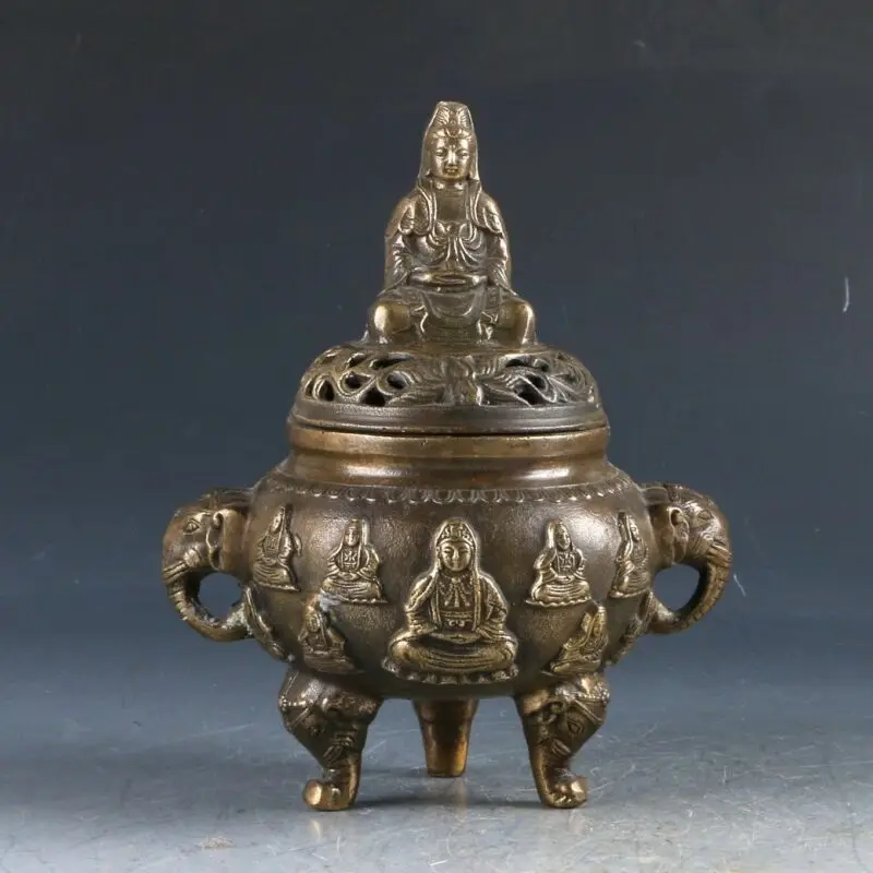 

Chinese Brass Hand Carved Kwan-yin Incense Burner Ming Dynasty Xuande Mark