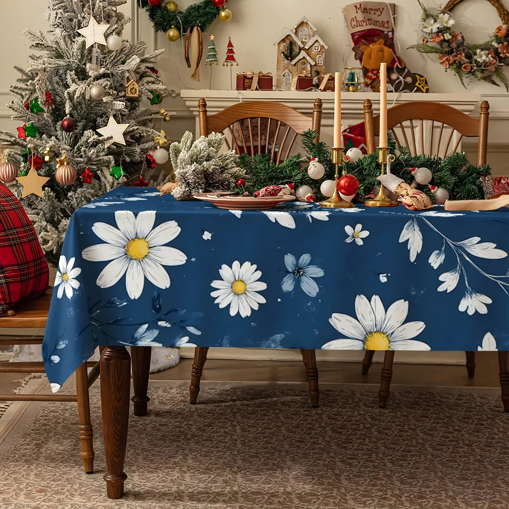 Light Blue Daisy Leaves Table Cloth Waterproof Tablecloth Spill Proof Table Cloth, Wipe Clean Table Cloth for Dining Camping