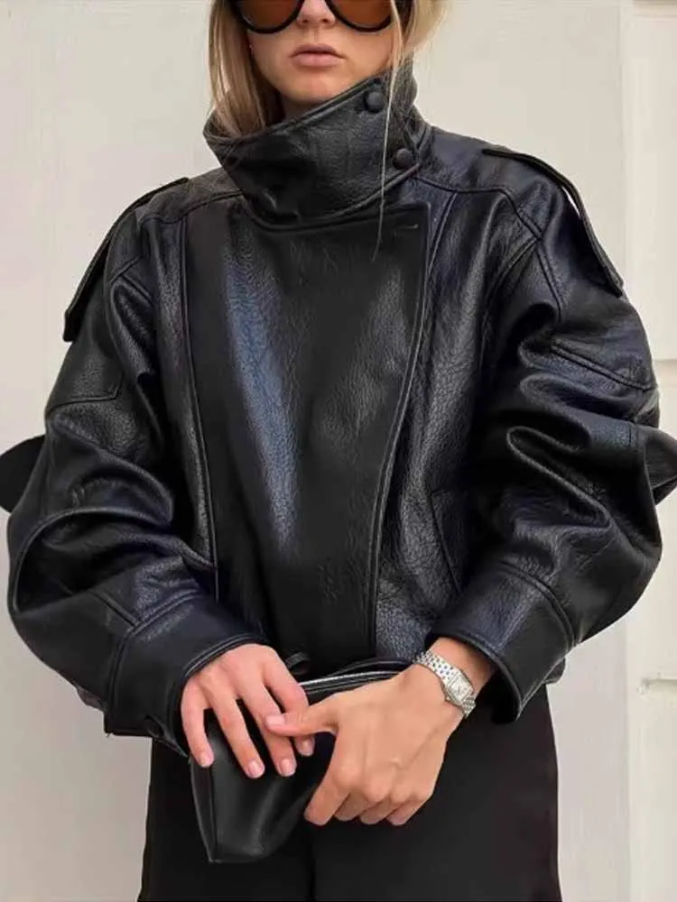 BKQU Fashion Women's Black Stand Collar Leather Jacket Loose Zipper Button Pocket Motorcycle PU Jacket High Street Outwear 2025