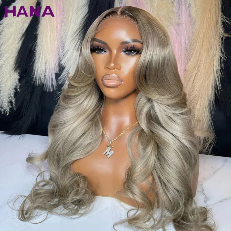 13X6 Ombre Ash Blonde With Dark Root Colored Lace Frontal Wig Pre-Plucked Transparent 13X4 Lace Front Human Hair Wig For Women