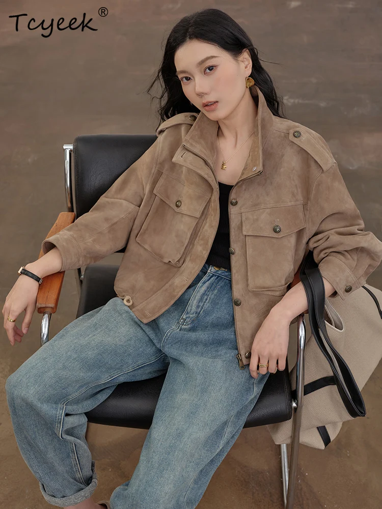 Tcyeek 本物の羊革 春秋 ハイエンド スタンドカラー スエード ショート丈 レディース 本革ジャケット 女性用レザージャケット