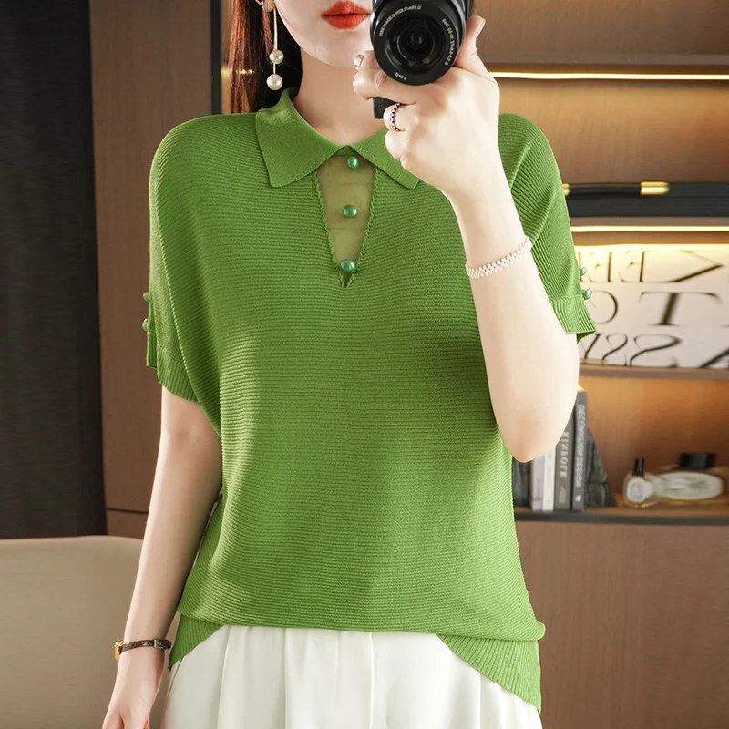 

Women's T-shirt Summer Worsted Sweater Short Sleeve Casual Solid Color Lapel Ladies Tops Loose Blouse Pullover Hollow Tees