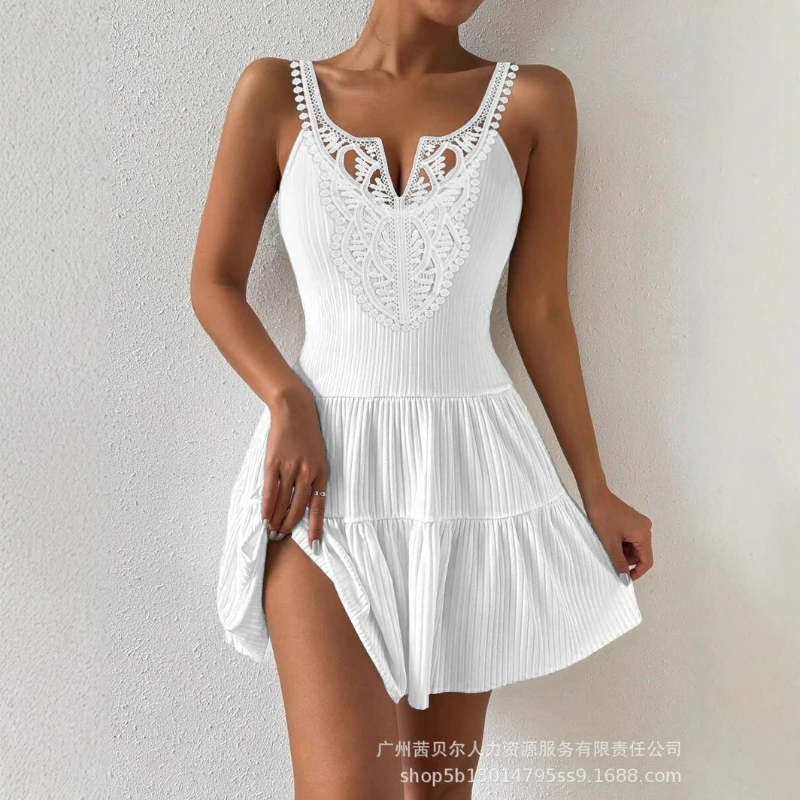 

Women Solid Mini Dresses V Neck Sleeveless White Hollow Out Dress Lace Spliced Ruffles Slim Fit Elegant Vestidos Beach Summer