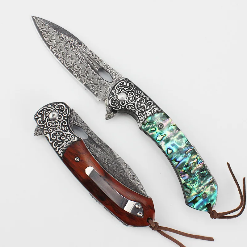 Damascus vg10 steel Outdoor Knife rosewood/colored shell handle Hunting Survival EDC Folding Pocket Knives Hiking Camping Tool