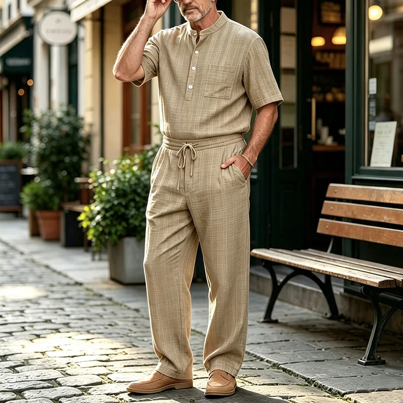 Men Textured 2 Piece Set Mandarin Collar Short Sleeve Shirt Drawstring Long Pants Casual Summer Daily Streetwear Lounge Outfit