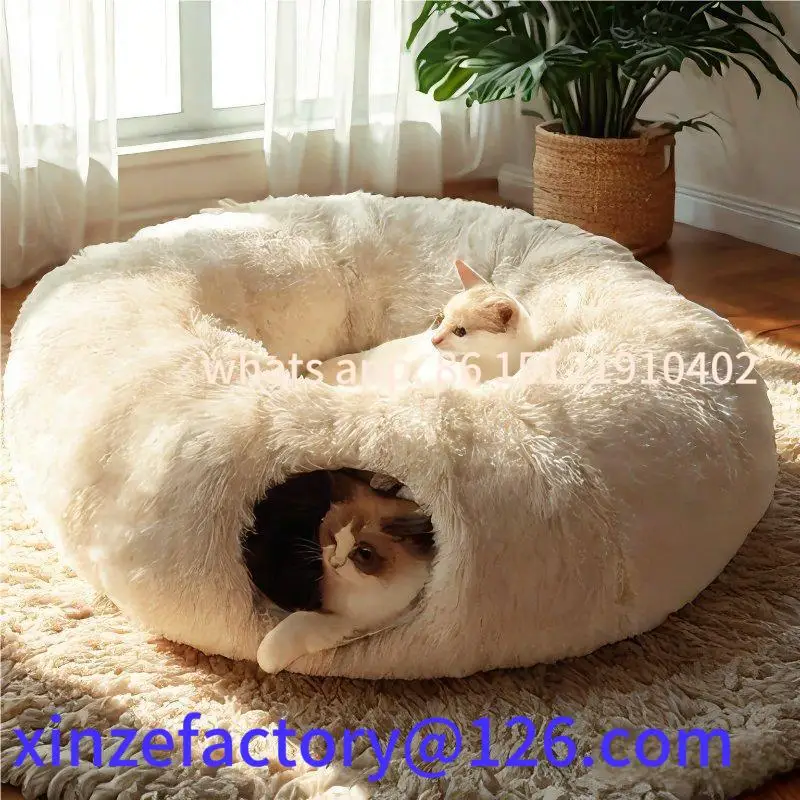 

Customizable Soft Plush Cat Bed with Cozy Tunnel for Indoor Cats Multifunctional Donut Bed