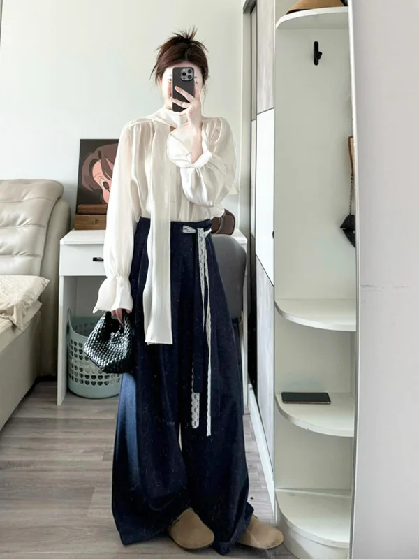 

Elegant V-Neck Shirt And Wide Leg Pants Set Women's Casual Style Fashion High Waist Long Sleeve Autumn Collection Two Piece Set