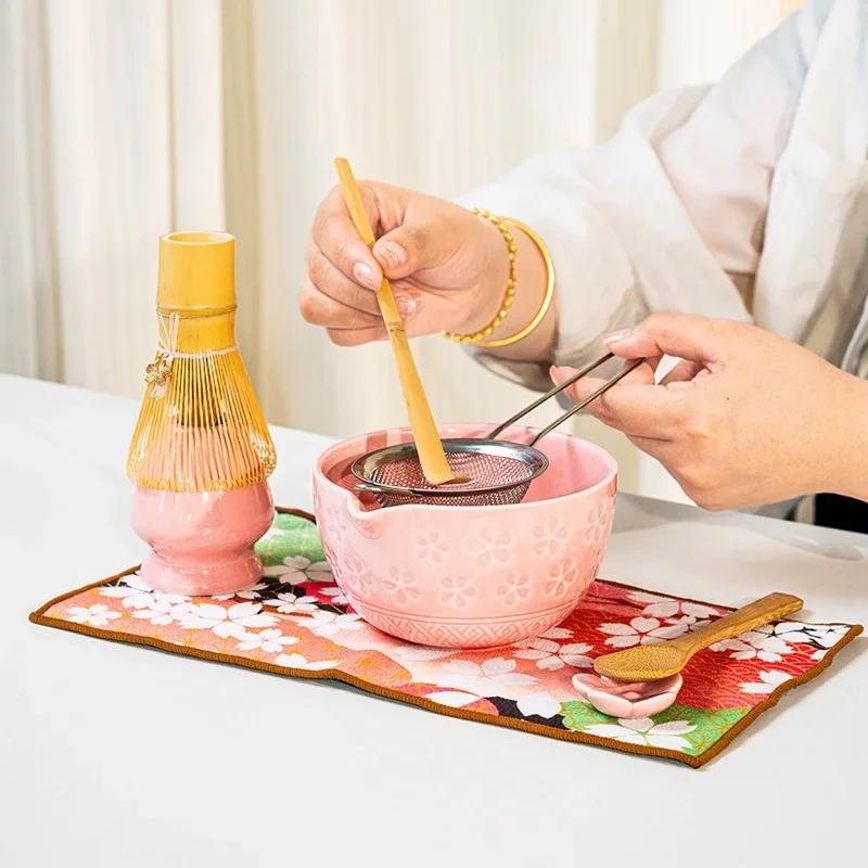 5pcs/8pcs Sakura Japanese Matcha Tea Set - Cherry Blossom Bowl with Spout Multi-Piece Full Ceremony Kit in Color Gift Box