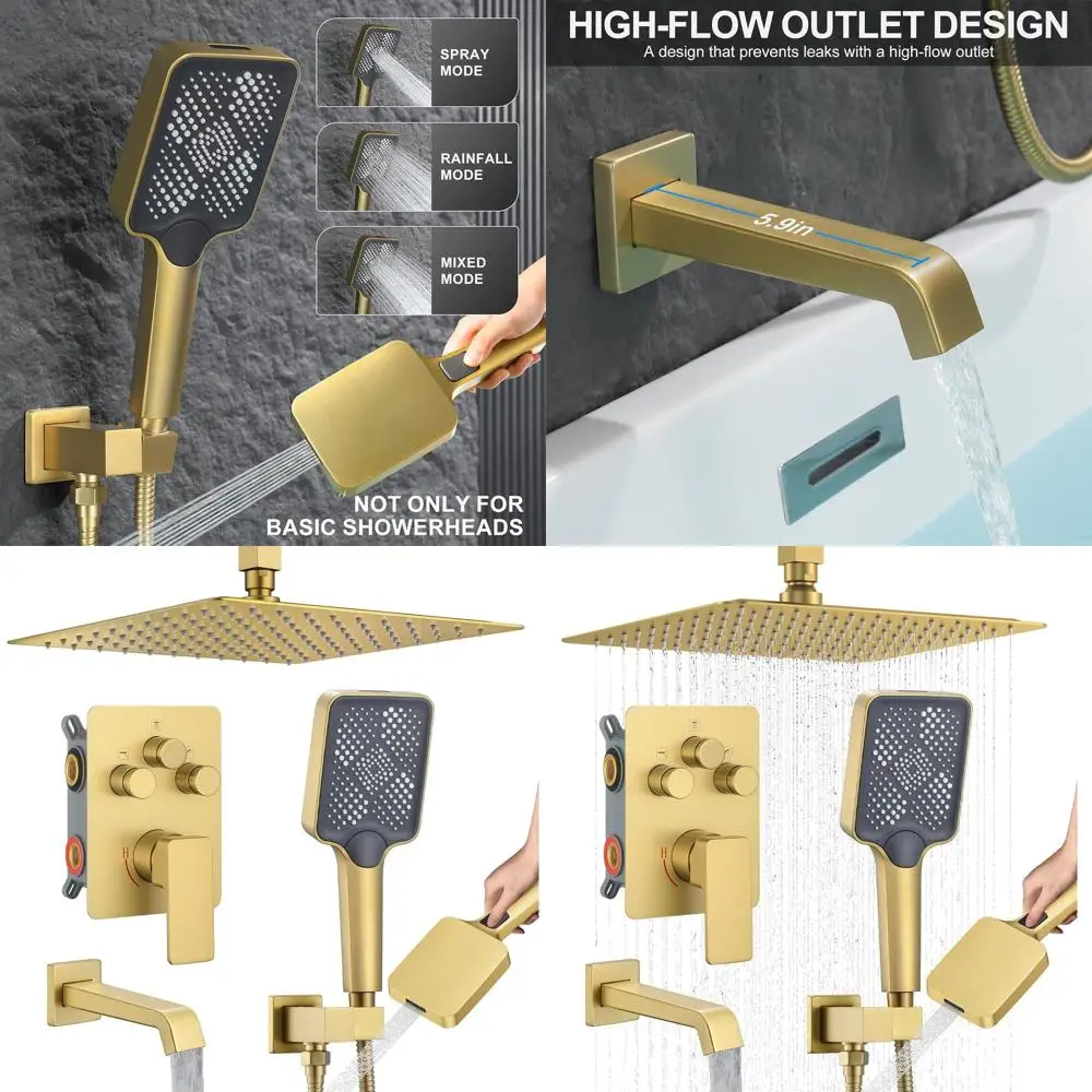 

12 Ceiling Shower System with Tub Spout and Multi-Function Handheld, Brushed Gold
