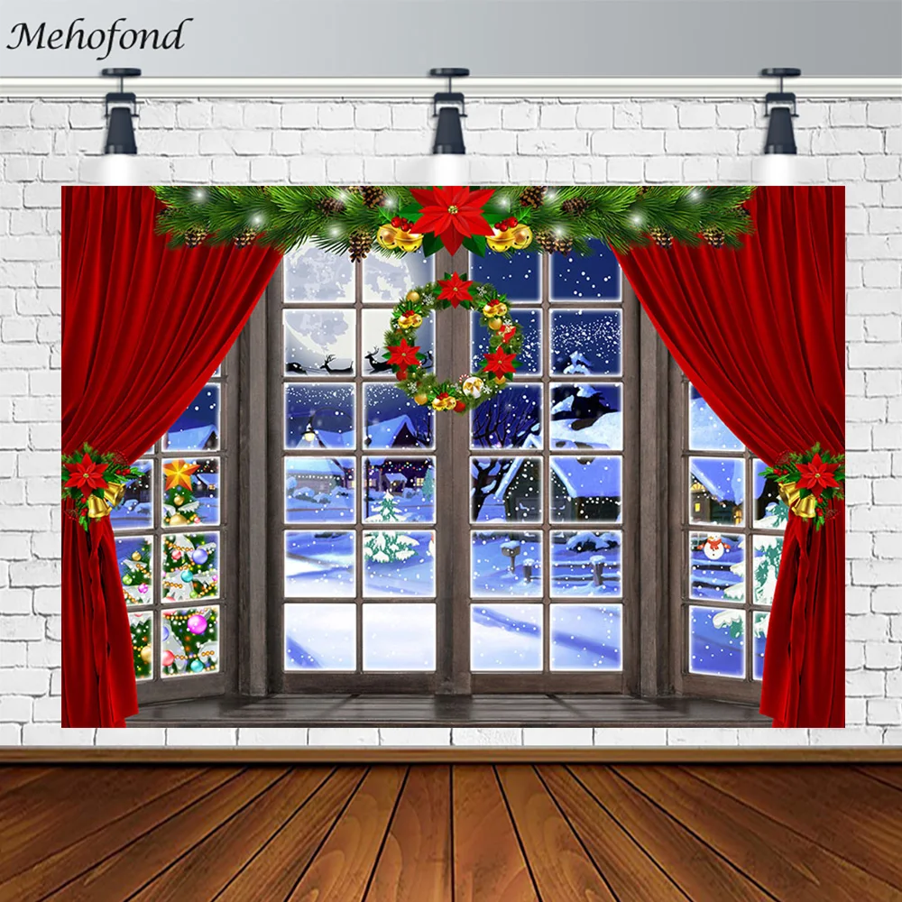 Mehofond Xmas Decoration Backdrop Curtain Christmas Tree Window Toy Gift Wreath Snowy Santa Background for Photography Photocall