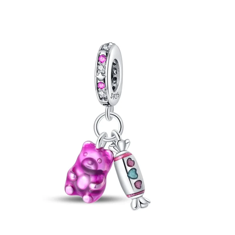 

Original 925 Sterling Silver Afternoon Tea Bear Candy Charm Beads Shining Zircon Dangle Pendant Fit Bracelet DIY Women Jewelry