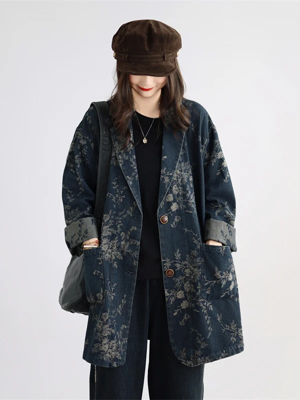 Retro Washed Print Long Sleeve Denim Jacket Women's Midi Loose Casual Suit Cotton 100% Autumn New Fashion Single Button