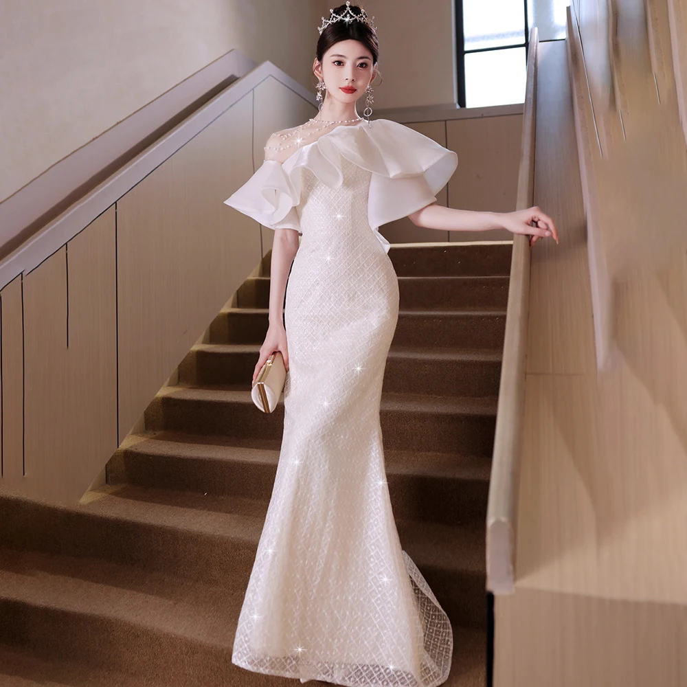 

French Style White Mermaid Wedding Dress For Women Light Luxury Shiny Off Shoulder Bridal Gowns Elegant Party Host Evening Dress
