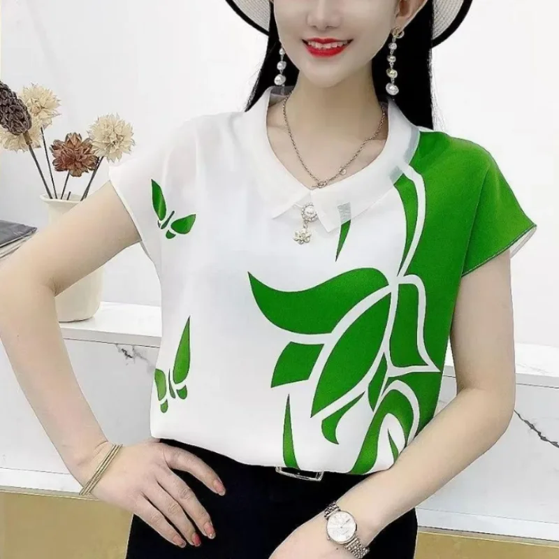 Korean Simple Fashion Summer T-Shirts Women\'s Solid Print Peter Pan Collar Patchwork Pearls Temperament Loose Short Sleeved Tops