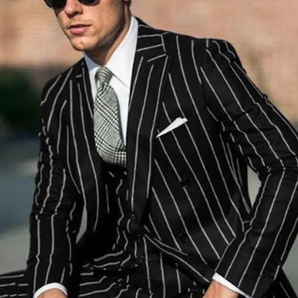 

Formal Striped Men Suits Evening Party 3-Piece Jacket Vest Pants Handsome Peak Lapel Double Breasted Outfit Formal Business Suit