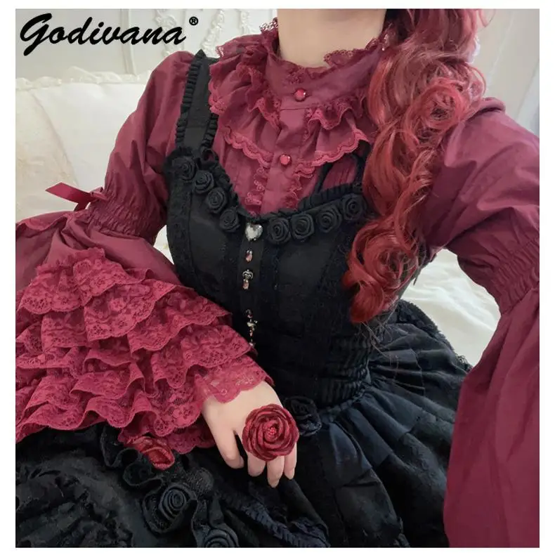 2025 ฤดูใบไม้ผลิใหม่ Original 100% Cotton STAND COLLAR Lolita ลูกไม้ Ji แขนเสื้อผีเสื้อหวานน่ารักสาวผู้หญิงเสื้อเสื้อ