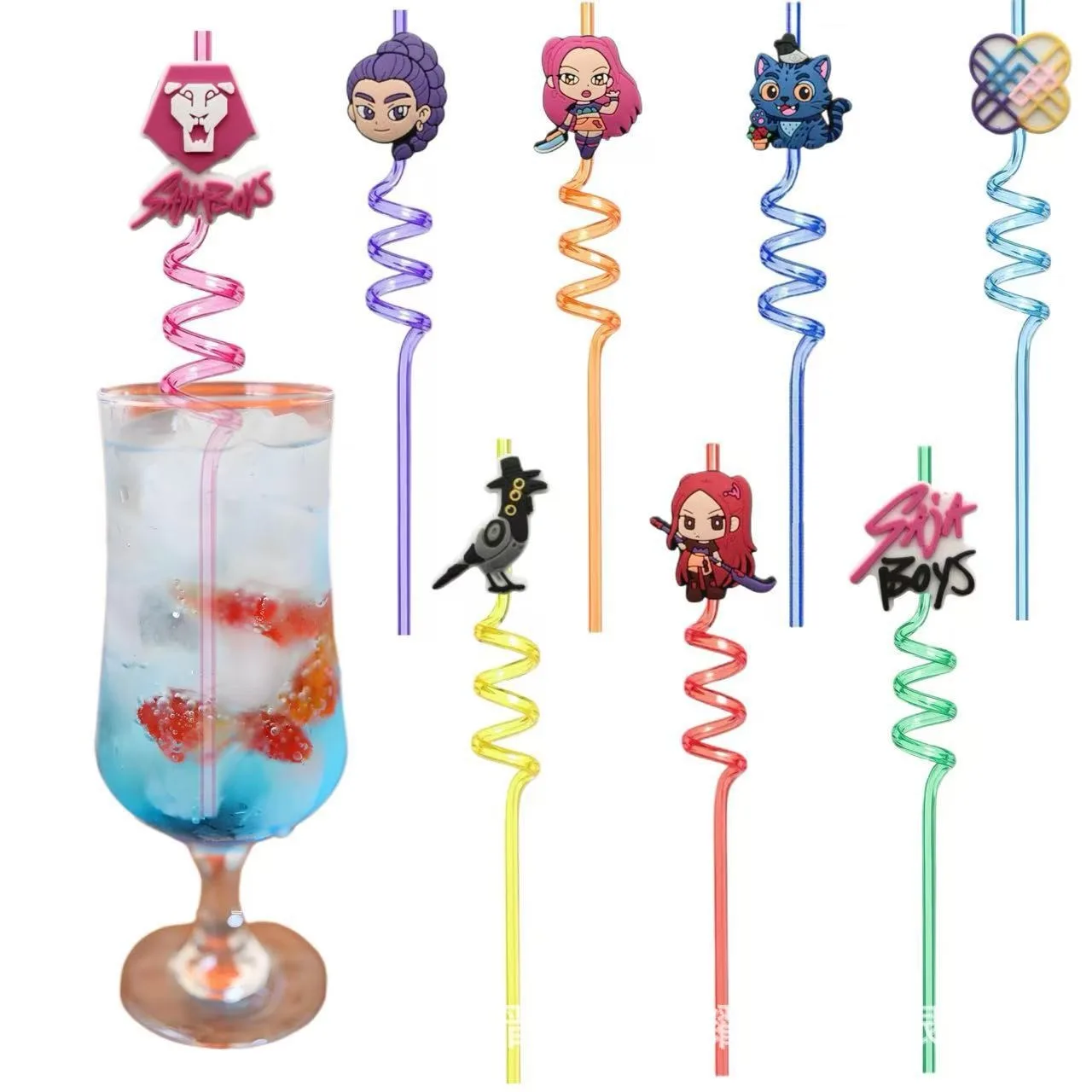 K-POP شيطان هنتركس اللون دوامة القش Sajaboys PET الغذاء الصف قابلة لإعادة الاستخدام عازمة القش HUNTRX القش لزينة حفلة عيد ميلاد #1