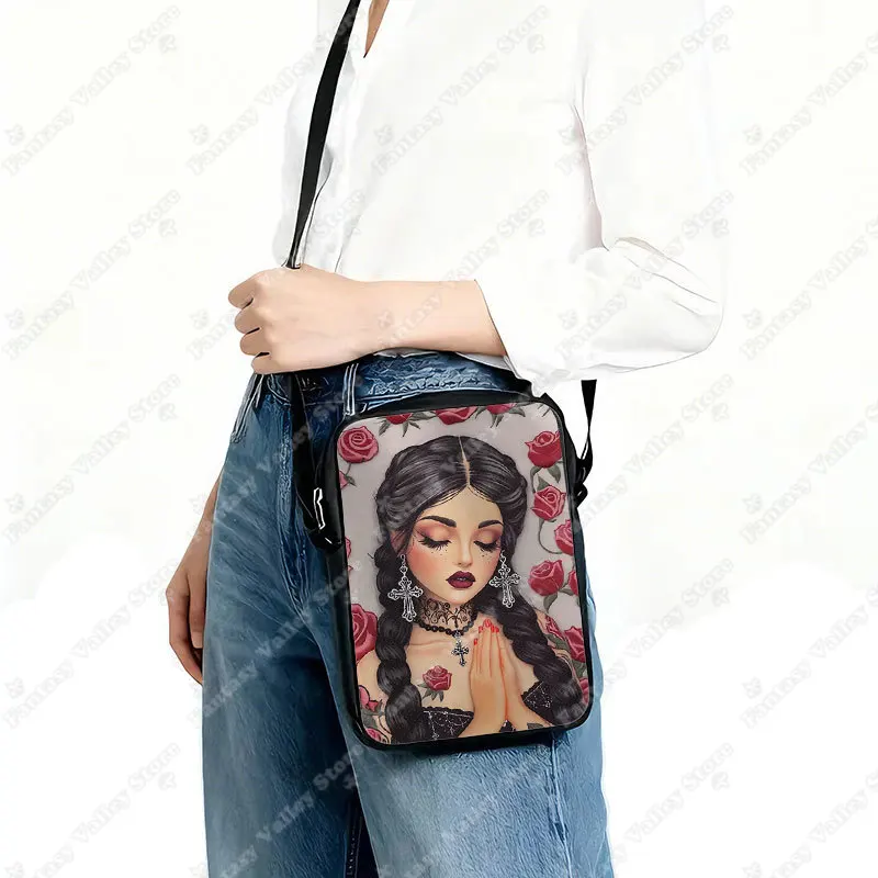 Cartoon Gothic Girl Prayer Print Crossbody Bag Christian Prayer Blessing Women Handbag Shoulder Bag Messenger Bag Phone Holder