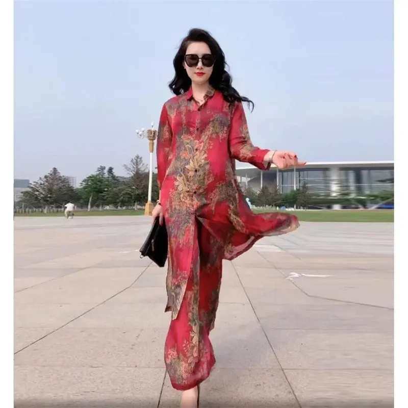 5XL Summer Sets Large Silk Wide Leg Trouser Set Women\'s Spring 2023 New Print Silk Fashion Slim Two Piece Set Female Elegant