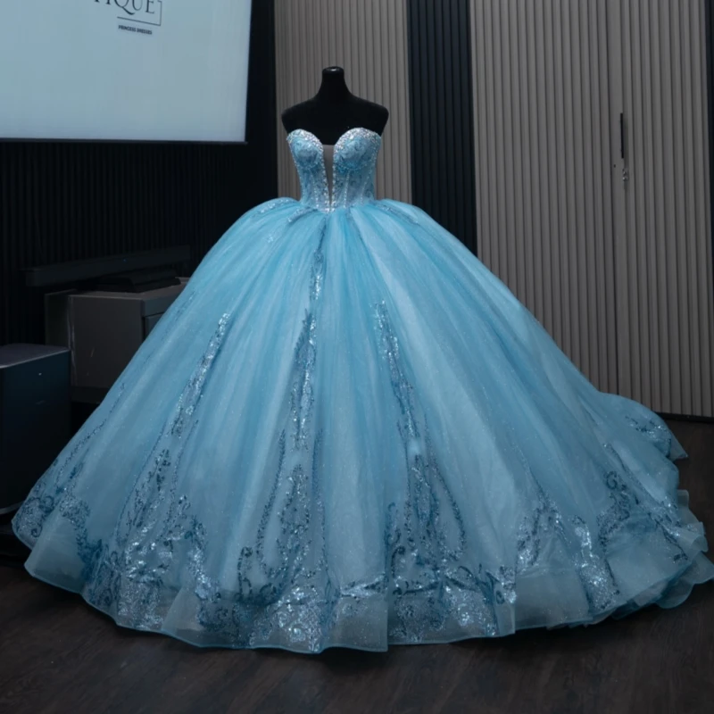 

Sky Blue Quinceanera Dresses Ball Gown Off The Shoulder Applique Lace Beads Tull Corset Party Birthday Sweet 16 Dress Vestidos