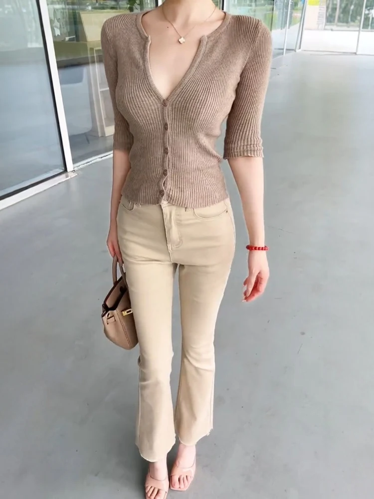

Ele High Waist Straight Leg Jeans Women's Slim Fit Long Pants Cotton Stretch Denim Beautiful Ladies Nine Points Bell Bot