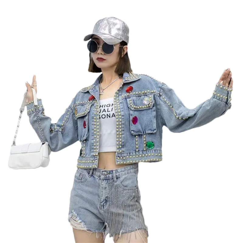 Manual Beading Diamond Big Pocket Long Sleeve Denim Jacket Women Cowboy Outerwear Vintage Blue Casual Short Jeans Jacket Female