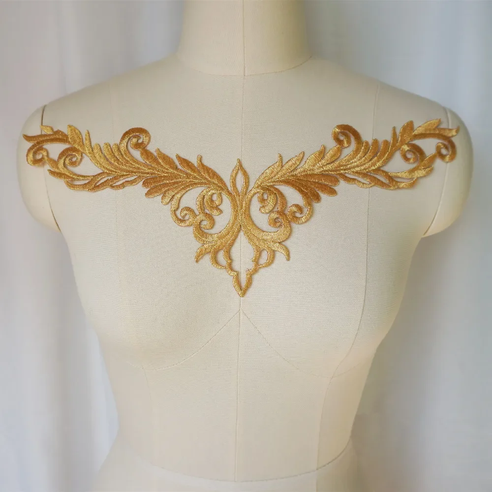 Gold Baroque Appliques Embroidered Bridal Gown Fabric V-neck Collar Iron Sew On Patch For Wedding Clothes Dress Decor DIY Crafts