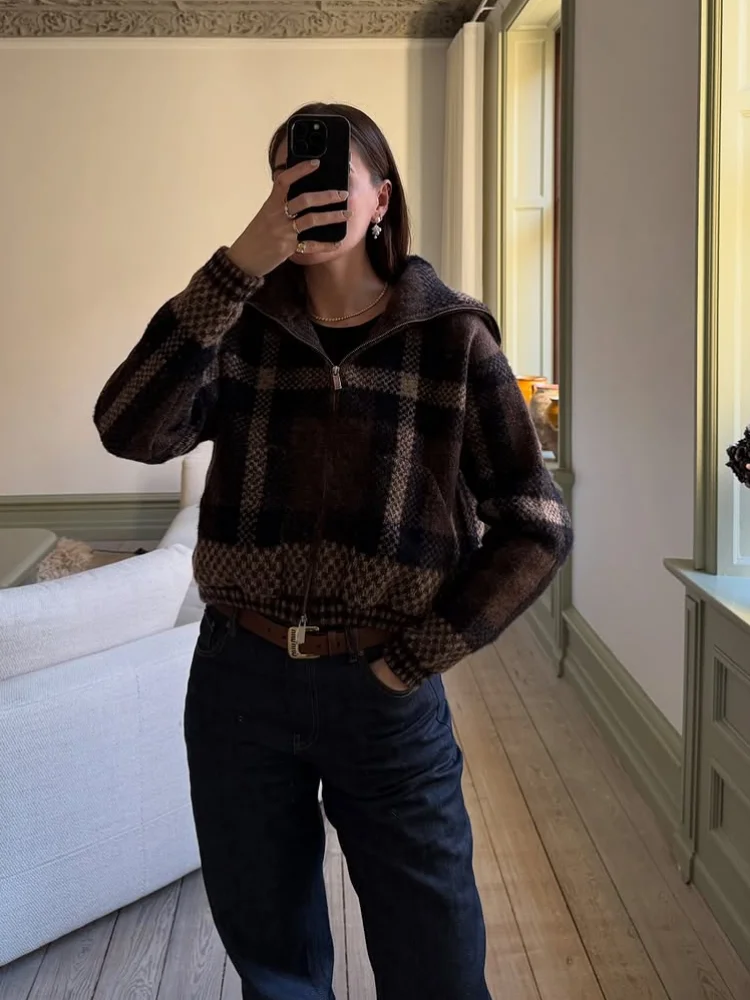 

Вязаный кардиган в клетку, женский модный свободный короткий свитер с лацканами на молнии и длинными рукавами, женские осенние повседневные офисные кардиганы
