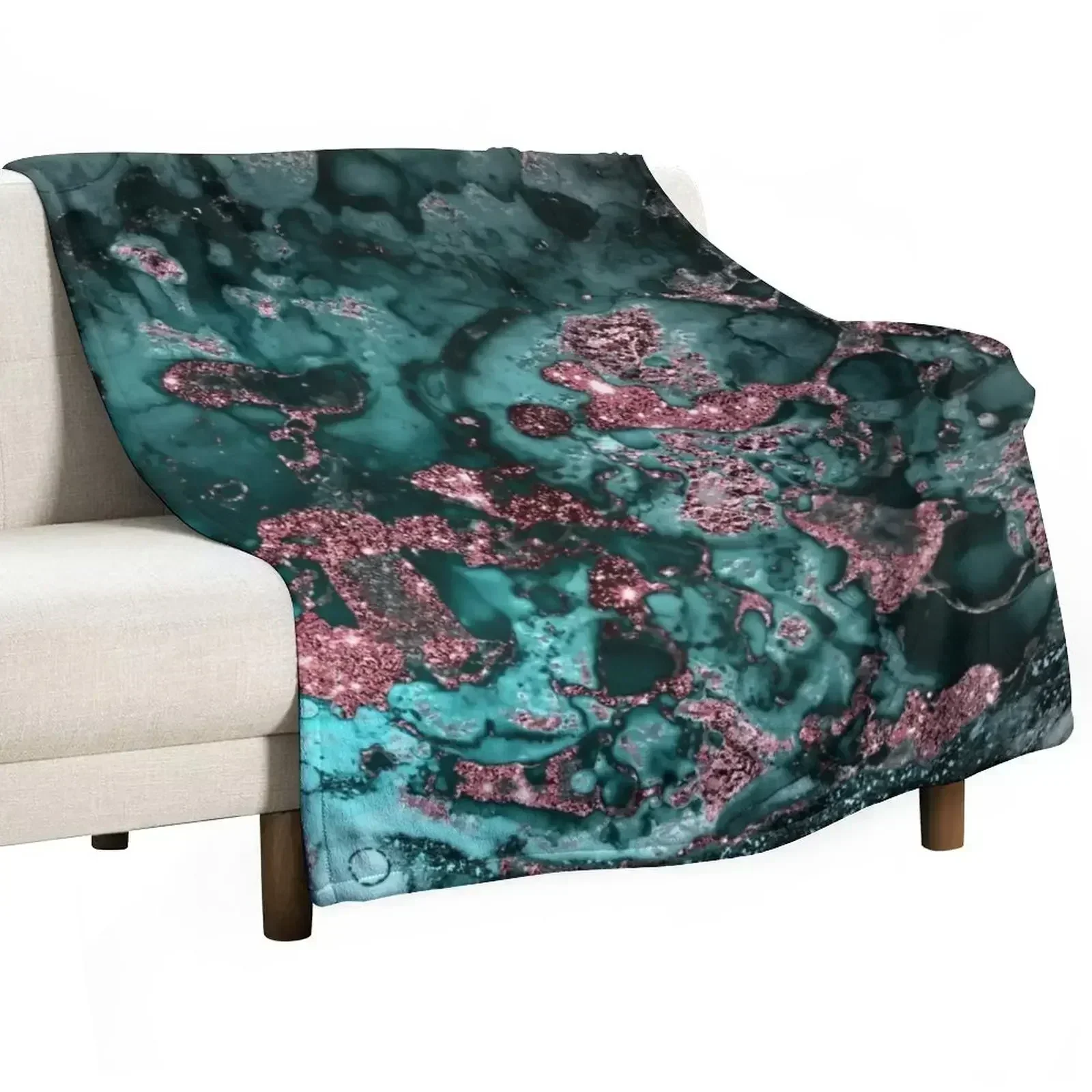 

Pink And Emerald Faux Marble Throw Blanket for winter manga Blankets