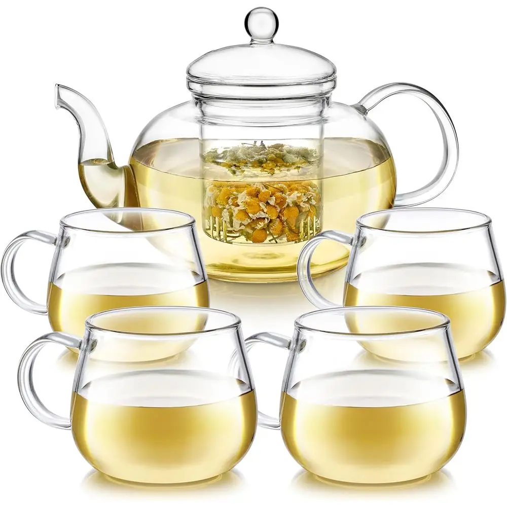 

Heatproo Glass Teapot Set with Removable Loose Tea Inuser (Stand Size: 32oz/946ml) and our Borosilicate Glass Teacups (7oz/207ml