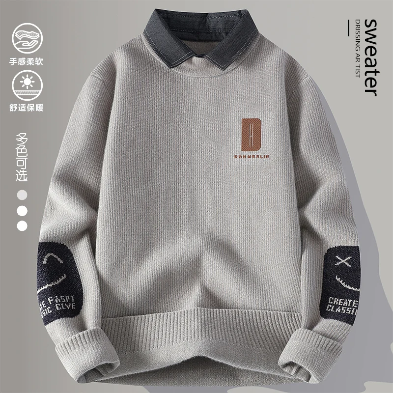 2024 Winter Fashion fake two pieces Sweater Men Casual Knit Pullovers Mens Thick Warm Loose Knitted Sweaters Streetwear Man