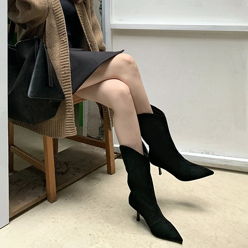 2023 Women Stretch Boots 6.5cm High Heels Fetish Lady Ankle Booties Black Low Heels Warm Plush Autumn Winter Party Shoes