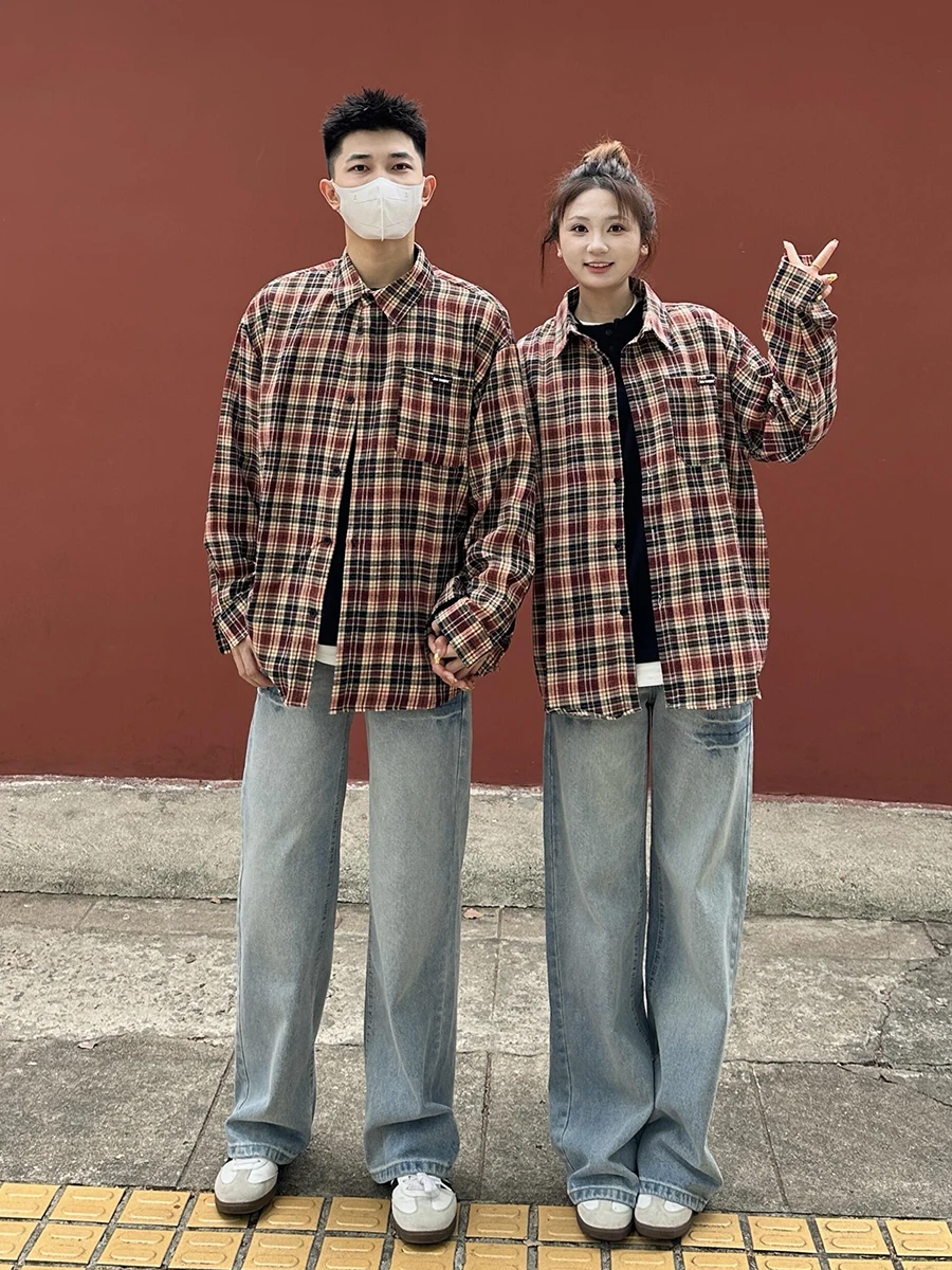 

Red Plaid Men's Long Sve irt Spring Couple Matching Cheered Cleanfit Haome irt Jaet Breathable Moisture ng