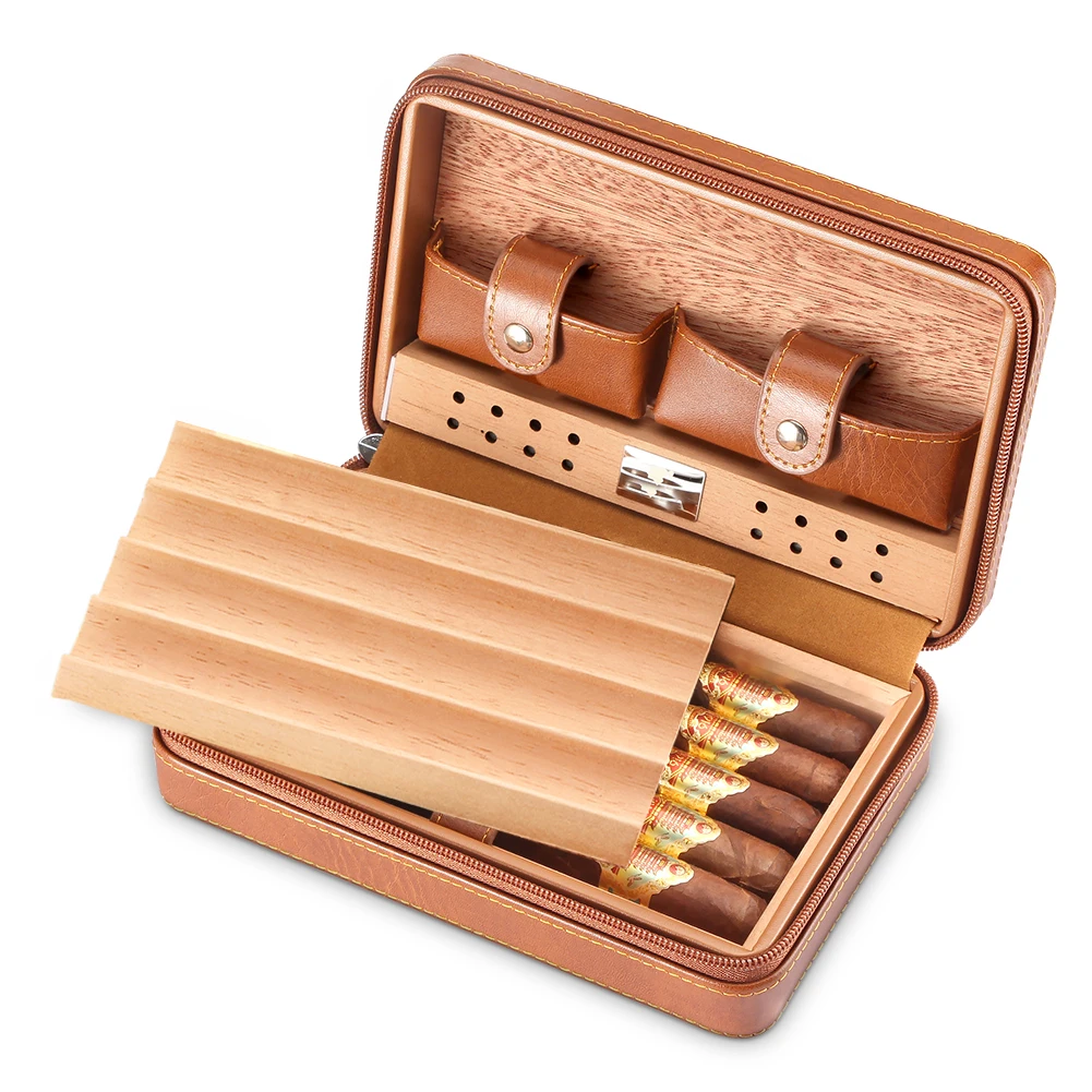 

Cedar Wood Humidor Cigar Case Travel 4 Tube Holders Cigar Humidor Box Travel Leather Cigar Case