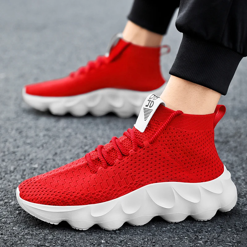 

High Top Red Sock Shoes Unisex Breathable Knit Men's Leisure Sneakers Large Size 48 Comfort Platform Sneakers Man Casual Shoes