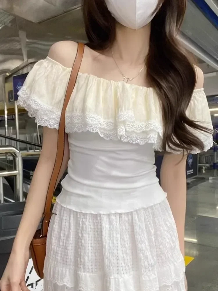 

2025 Women Clothing Sweet T Shirts Slash Neck Short Sleeve Tunic Tees Fashion Korean Camisetas Crop Tops Lace Summer Sexy Tshirt