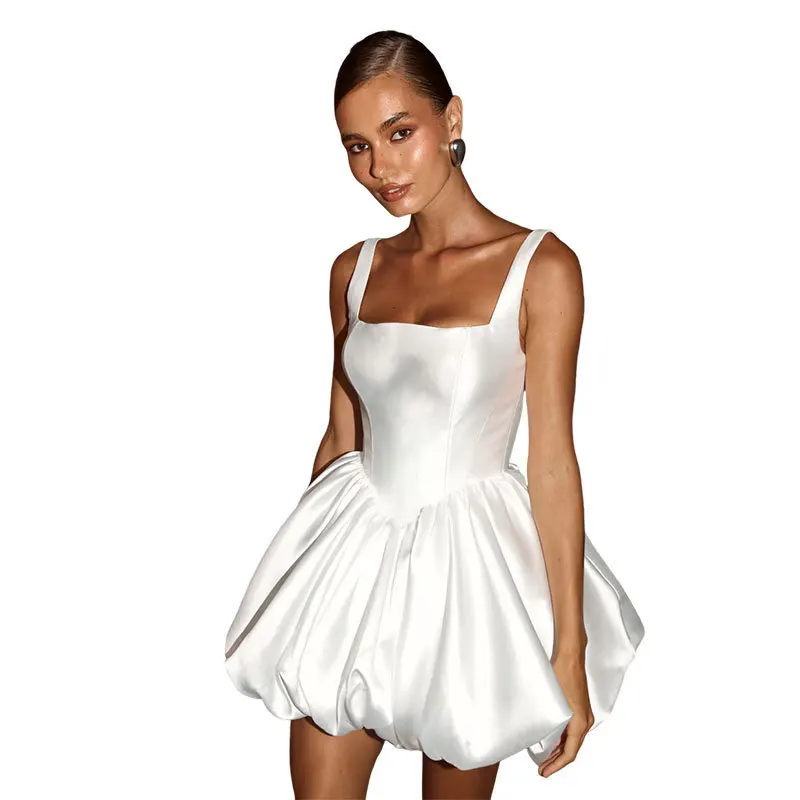 A Line Satin Mini Length Bow Spaghetti Straps  Evening Bridesmaid Dresses Wedding Party Formal Prom Birthday Lace Up Back