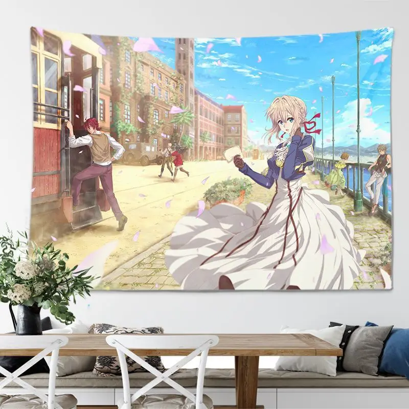 VIKAMA Violet Evergarden Anime Tapestry Girl Art Print Wall Hanging Aesthetic Dorm Bedroom Decor Kawaii Polyester Cloth